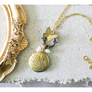 Handmade Antique Gold Vintage Round Locket with Dangling Butterfly Glass Beads